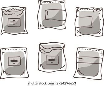 Set of  hand drawn paper packet or sack doodle, line art. Packaging element for shopping, groceries, gift, food, flour bag, seed. png vector doodle icon.