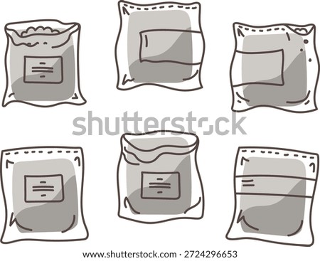 Set of  hand drawn paper packet or sack doodle, line art. Packaging element for shopping, groceries, gift, food, flour bag, seed. png vector doodle icon.