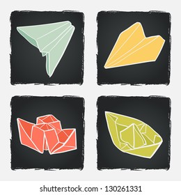 Set of hand drawn paper planes and paper boats on chalkboard background. Vector illustration.