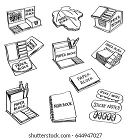 Set of hand drawn paper products doodles isolated on a white background. Vector illustrations of paper blocks, notebook, sticky notes.