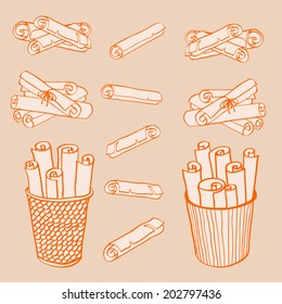 Set of hand drawn paper webs and rolls in stacks, baskets and isolated