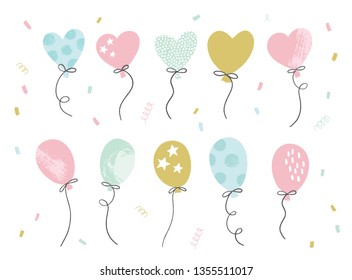 Set of hand drawn party balloons and confetti. Birthday decorations.  Vector illustration for greeting cards, invitations, posters. 