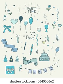 Set of hand drawn party doodles in shades of blue isolated on white background. Vector illustrations.