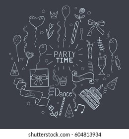 Set of hand drawn party doodles isolated in circle on chalkboard.