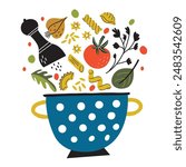 Set with hand drawn pasta vegetable recipe. Vector collection. Illustration set of tomatoes, parsley, garlic, pasta, mint, basil, pepper and salt.
