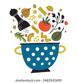 Set with hand drawn pasta vegetable recipe. Vector collection. Illustration set of tomatoes, parsley, garlic, pasta, mint, basil, pepper and salt.