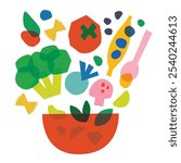 Set with hand drawn pasta and vegetables illustration. Set of tomatoes, parsley, zucchini, red pepper, tomatoes, mushroom, basil, broccoli and macaroni. Italian vegan pasta recipe. -Vector.