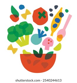 Conjunto con ilustración de pasta y verduras dibujadas a mano. Conjunto de tomates, perejil, calabacín, pimiento rojo, tomates, champiñones, albahaca, brócoli y macarrones. Receta de pasta vegana italiana. -Vector.