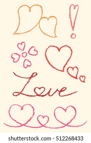 Set of hand drawn pastel chalk crayon symbols with heart shape. Funny red line copyspaces. Vector decorative design elements. Happy valentine day background.