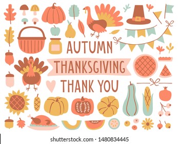 Set with hand drawn pastel elements for thanksgiving in flat style. Autumn collection icons: pumpkin, turkey, pie, leaves and lettering. Vector Illustration