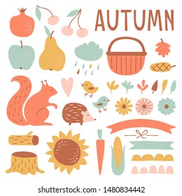 Set with hand drawn pastel forest elements in flat style. Autumn collection icons: leaves, fruits, animals and lettering AUTUMN. Vector Illustration