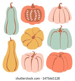 Set with hand drawn pastel pumpkin in cartoon style. Flat icons set of pumpkins and squash. Autumn collection for thanksgiving, harvest and halloween. Vector Illustration