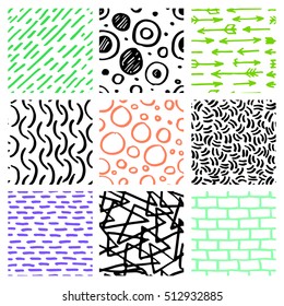 Set of hand drawn pattern with arrow, stripe, line, circle. Seamless pattern. Pencil sketch. Vector abstract texture and background.