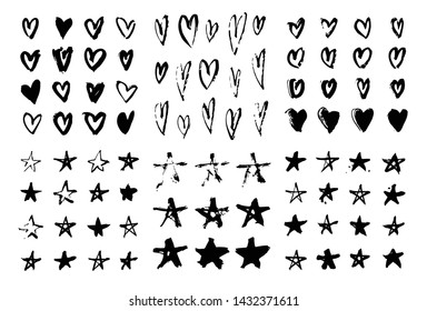 Set of hand drawn pattern with black paint object for design use. Abstract brush drawing. Vector art illustration grunge hearts, stars