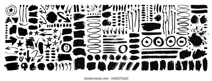 Set of hand drawn pattern with black paint object for design use. Abstract brush drawing. Vector art illustration grunge