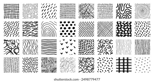 Set of hand drawn patterns with different pencil textures. Vector scribbles, crosshatch, horizontal and wave strokes, rain, stripes, organic shapes. Black ink lines isolated on white background.