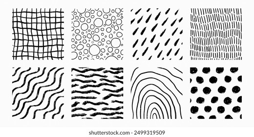 Set of hand drawn patterns with different pencil textures. Vector scribbles, crosshatch, dots and rain, stripes, organic shapes. Black ink doodle isolated on white background.