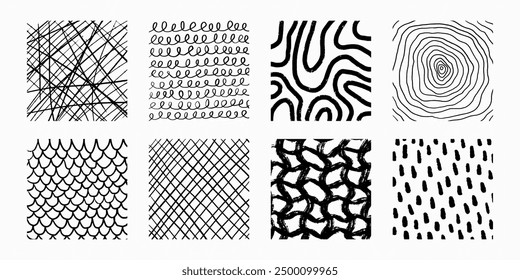 Set of hand drawn patterns with different pencil textures. Vector scribbles, crosshatch, swirls and spirals, stripes, organic shapes. Black ink doodle isolated on white background.