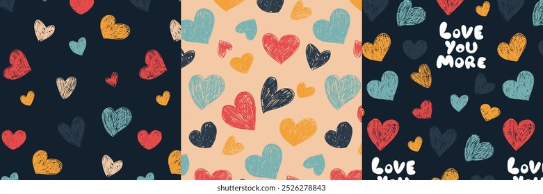 Set of hand drawn patterns. Hearts colored. Pattern in samples. Vector