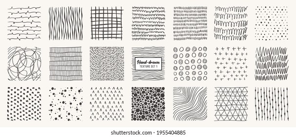 Set of hand drawn patterns isolated. Vector textures made with ink, pencil, brush. Geometric doodle shapes of spots, dots, circles, strokes, stripes, lines. Template for social media, posters, prints.