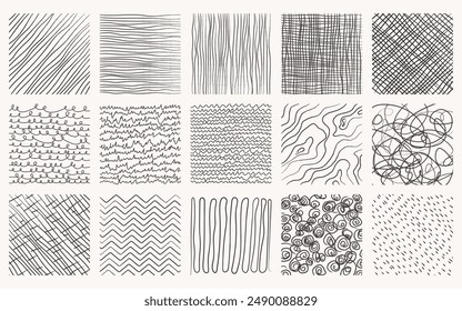 Set of hand drawn patterns in square. Vector textures made with pencil. Geometric doodles in the form of lines, circles, strokes, stripes, waves.