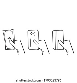Set handgezeichnete Zahlungsoptionen Vektorelemente im Doodle-Stil. Kreditkartenverarbeitung, Handbuchung oder Kreditkarte, Bargeld und Bargeld.