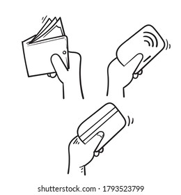 Set handgezeichnete Zahlungsoptionen Vektorelemente im Doodle-Stil. Kreditkartenverarbeitung, Handbuchung oder Kreditkarte, Bargeld und Bargeld.