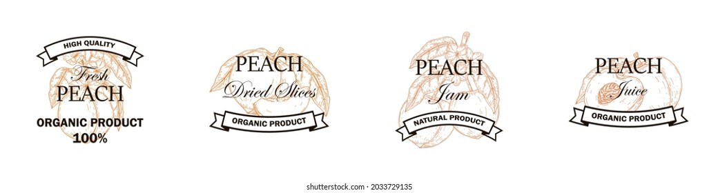 Set of hand drawn peach product logo. Vector illustration in sketch style