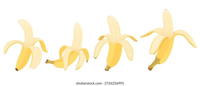 Set mit handgezeichneten geschälten Bananen. Geschälte Banane einzeln auf weißem Hintergrund.