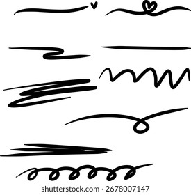 Set of hand drawn pen doodle, scribble, line. Vector illustration design for divider, underline, border, page end decoration, frame