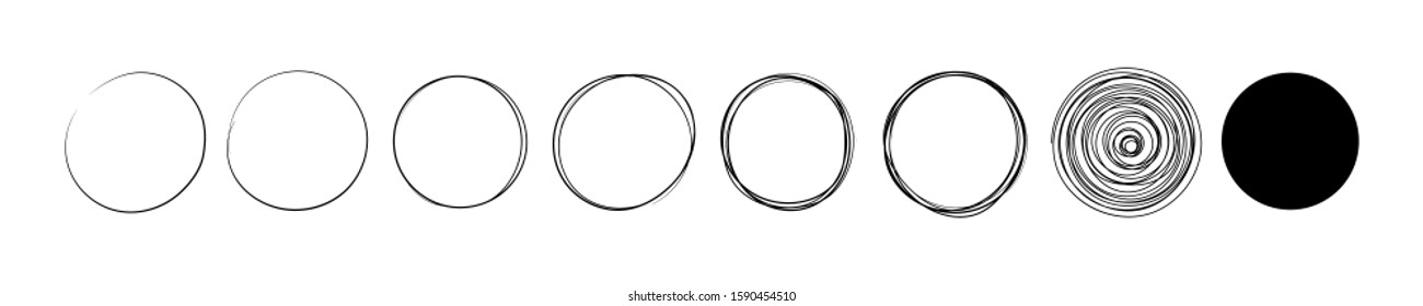 Set of hand drawn pen and pencil black circle. Round frame sketch on white background. Continuous line art doodle vector illustration