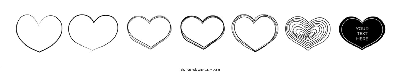 Set of hand drawn pen and pencil black heart. Abstract love frame sketch on white background. Continuous line art doodle vector illustration