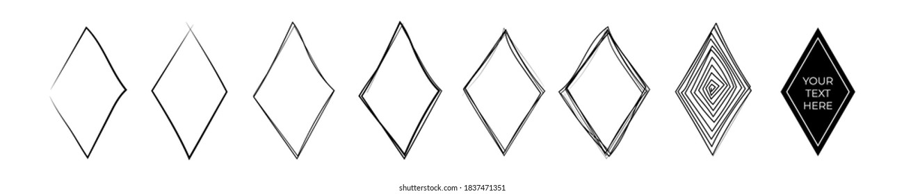 Set of hand drawn pen and pencil black rhombus. Rhomb frame sketch on white background. Continuous line art doodle vector illustration