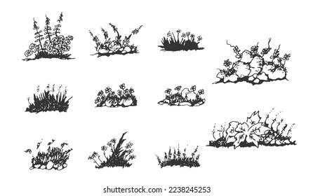 Set hand drawn pen sketch collection of bushes. Isolated drawing bushes black and white vector illustration. Rock, grass, small plant, and leaves illustration.