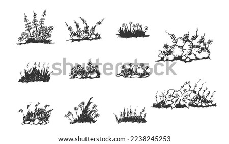 Set hand drawn pen sketch collection of bushes. Isolated drawing bushes black and white vector illustration. Rock, grass, small plant, and leaves illustration.