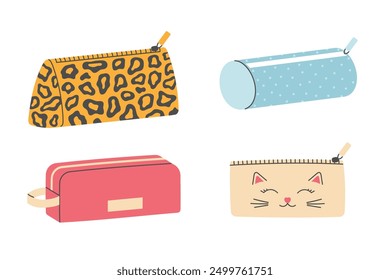 Set of hand drawn pencil cases. Back to school, college, education concept. Isolated vector illustration