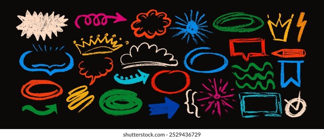 Set of hand drawn pencil colorful speech bubbles, arrow, crown, highlight text elements. Charcoal doodle check mark,   pencil stroke,  line, arrows icon.