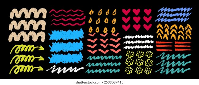 Set hand drawn  pencil  colorful lines and squiggles, flower, hearts. Vector multicolored charcoal smears, striketrhoughs and swirls. Doodle style sketchy lines. Horizontal wavy strokes collection. 