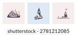 Set of hand drawn pencil crayon postcards, posters, designs with Istanbul historical landmarks. Sketch doodle Galata tower, Kiz kulesi, Sultanahmet mosque. Watercolor drawing. Turkish tourism