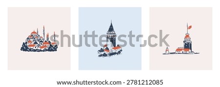Set of hand drawn pencil crayon postcards, posters, designs with Istanbul historical landmarks. Sketch doodle Galata tower, Kiz kulesi, Sultanahmet mosque. Watercolor drawing. Turkish tourism