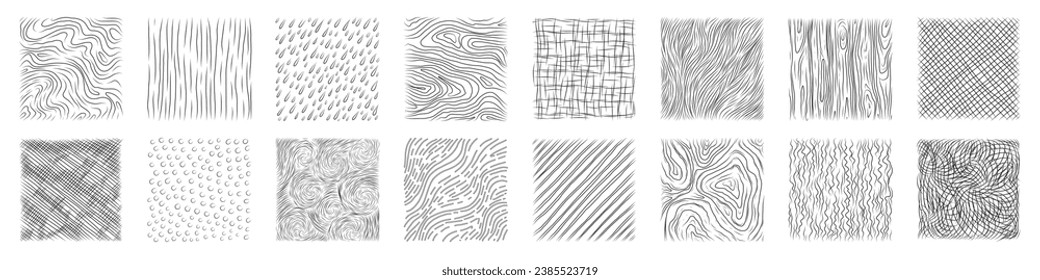 Set of hand drawn pencil crosshatch shapes. Doodle and sketch style.  Black squiggle texture of rain, wood, spiral. Rectangular with grunge lines. 
