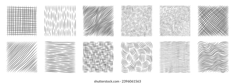 Conjunto de formas de rayado de lápiz a mano. Estilo de dibujo y dibujo. La textura de la lluvia, la madera y la ola de la pulpa negra. Rectangular con líneas gruesas.	
