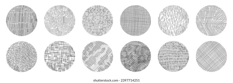 Set of hand drawn pencil crosshatch shapes. Doodle and sketch style. Black squiggle texture of rain, wood, wave. Circle with grunge lines.