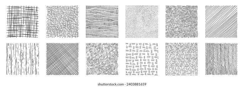Set of hand drawn pencil crosshatch shapes. Doodle and sketch style. Black squiggle texture of rain, wood, dot, hatch. Rectangular with grunge lines.	
