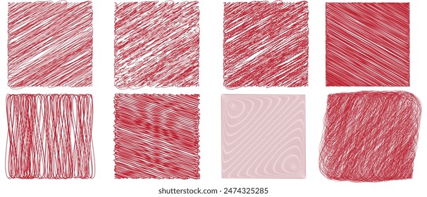 Set of hand drawn pencil crosshatch shapes. Crosshatch Freehand doodle shapes collection. Doodle and sketch style. red squiggle grunge texture. Vector illustration isolated on white background.