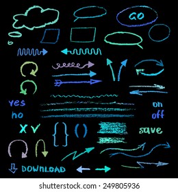 Set of hand drawn pencil elements and arrows. 