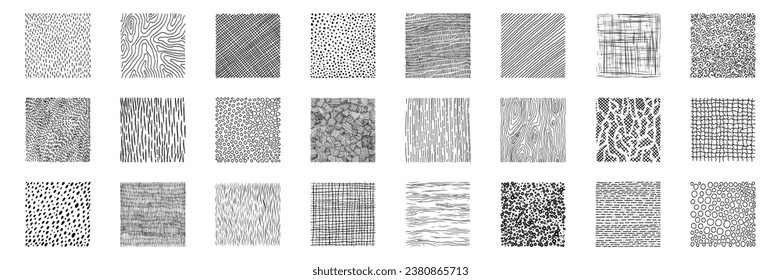 Set of hand drawn pencil line texture. Crosshatch, wood, rain, stippling, circle, linear and other stroke. Freehand doodle shapes collection. Isolated vector illustration.
