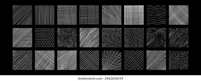 Set of hand drawn pencil line texture with different patterns. Crosshatch, wood, rain, stippling texture.