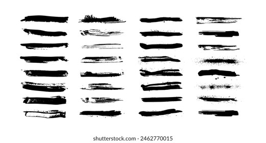 Set of hand drawn pencil lines and strokes. Brush stain pen stroke set. A set of black brush strokes is isolated on a white background. 