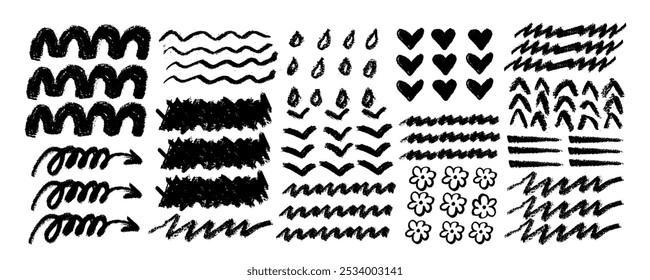 Set hand drawn  pencil   lines and squiggles, flower, hearts . Vector  charcoal smears, striketrhoughs and swirls. Doodle style sketchy lines. Horizontal wavy strokes collection. Scratchy strokes.